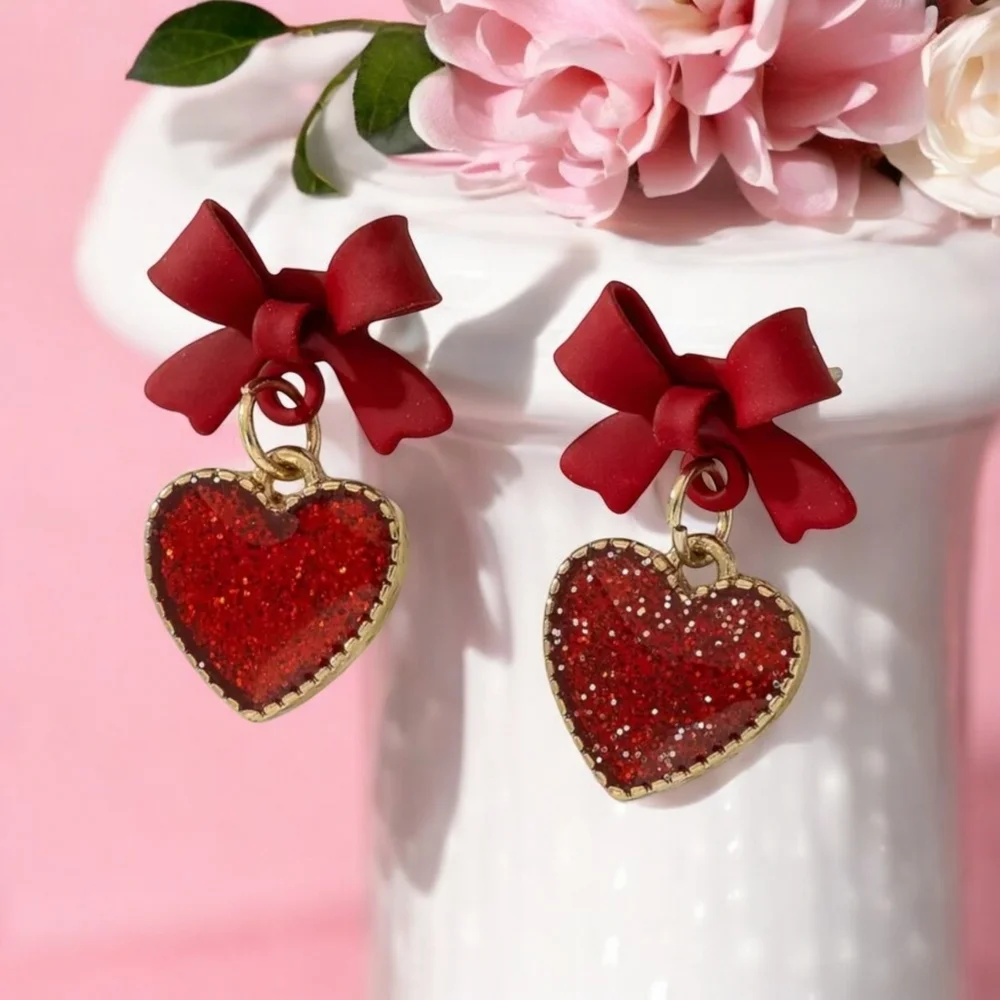 Red Heart & Bow Earrings Sparkling Alloy Gold Plated‎